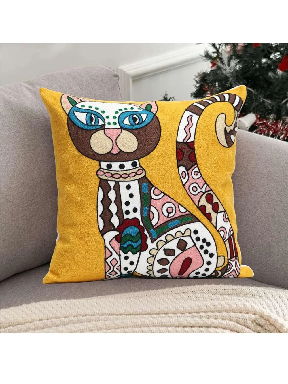 Egyptian Cat Mom Funky Hand Woven 18x18 Cat Pillow cover Yellow gift
